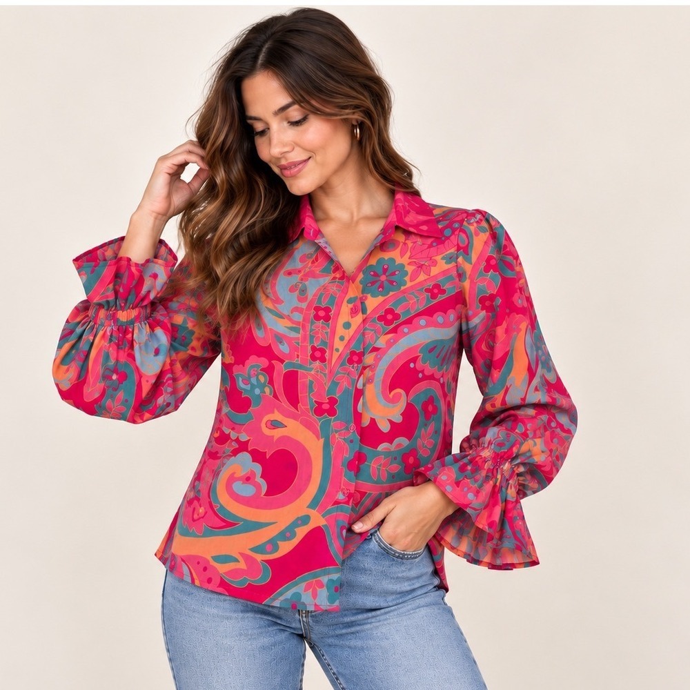 Cherrybetty Pink Paisley Floral Ruffle Cuff Button Down Blouse Top Large NWT